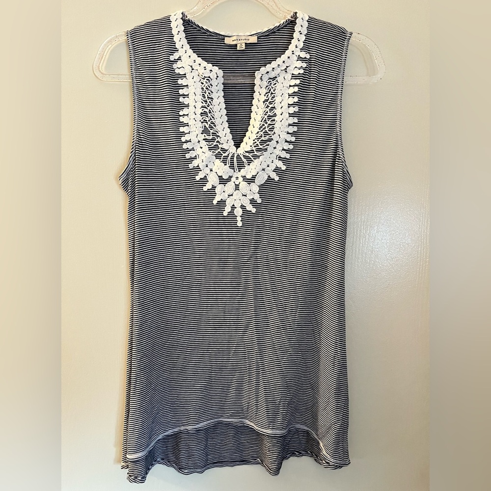 Max Studio Navy & White Striped Crochet-Trim Tank
